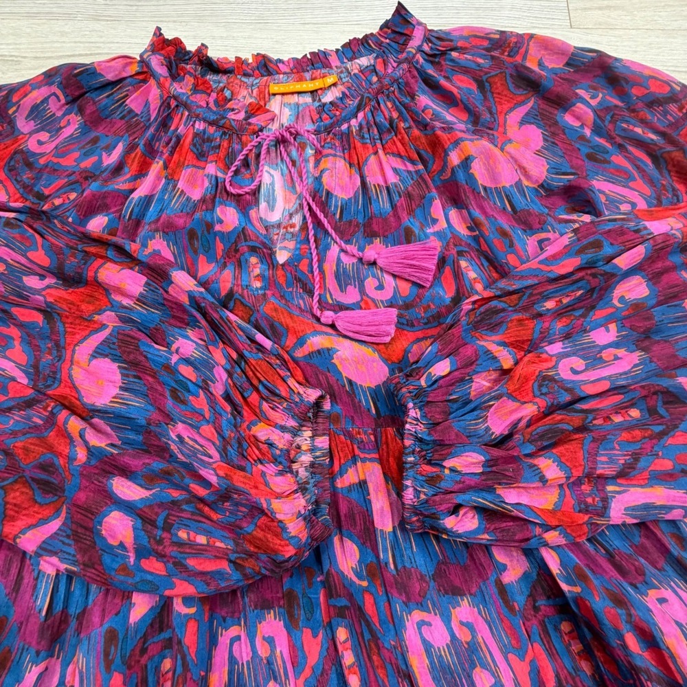 Oliphant Pink Blue Ikat Tiered Mini Dress Balloon Sleeve Tassel Tie Womens‎ M - Picture 8 of 9